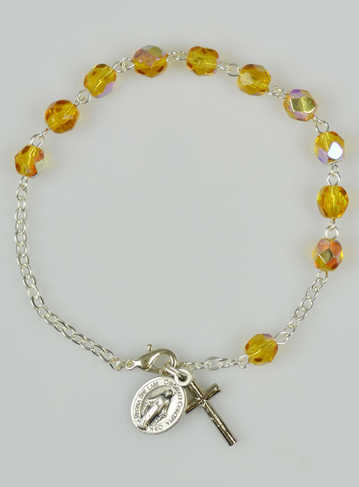 Bracelet Chapelet en Perles de Cristal Ambre - Médaille Miraculeuse (pic 2)