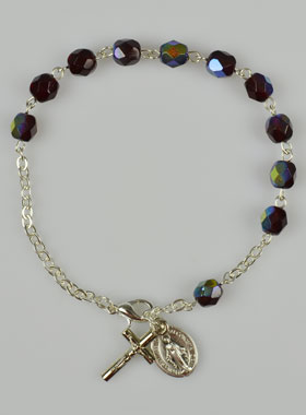 Bracelet Chapelet en Perles de Cristal Grenat - Médaille Miraculeuse (pic 1)