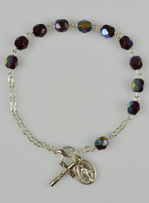 Bracelet Chapelet en Perles de Cristal Grenat - Médaille Miraculeuse (pic 2)