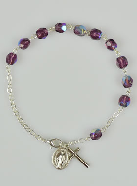 Bracelet Chapelet en Perles de Cristal Violet - Médaille Miraculeuse (pic 1)