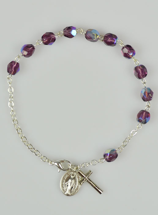 Bracelet Chapelet en Perles de Cristal Violet - Médaille Miraculeuse (pic 2)