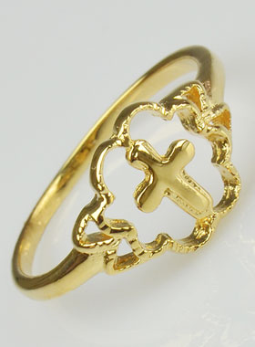 Bague Croix et Fleur en Plaqué Or - Taille 58 (pic 1)