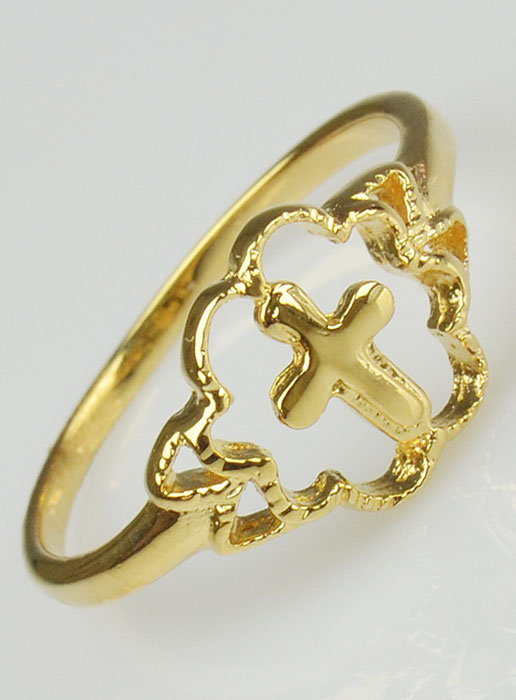 Bague Croix et Fleur en Plaqué Or - Taille 58 (pic 2)