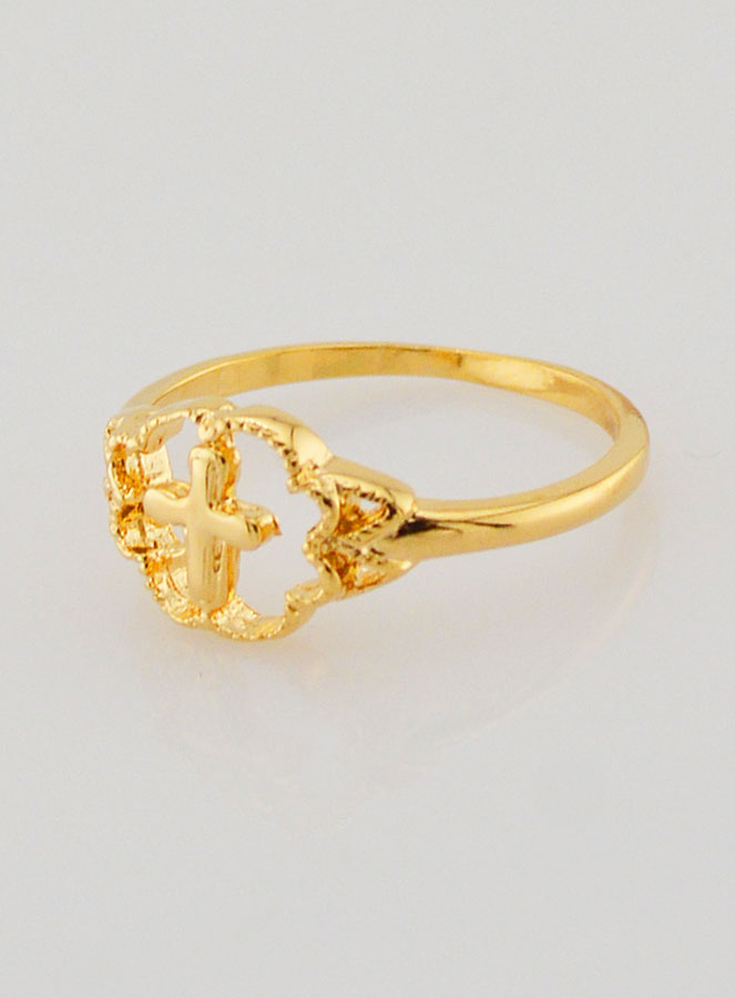 Bague Croix et Fleur en Plaqué Or - Taille 58 (pic 3)