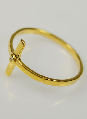 Bague Croix et 1 Diamant Strass - Plaqué Or - Taille 58 (pic 1)