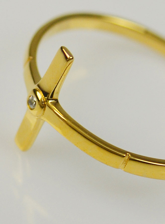 Bague Croix et 1 Diamant Strass - Plaqué Or - Taille 58 (pic 4)