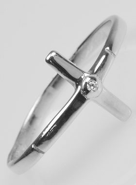 Bague Croix et 1 Diamant Strass - Argent Massif - Taille 60 (pic 1)
