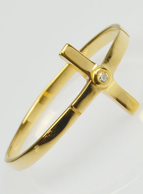 Bague Croix et 1 Diamant Strass - Plaqué Or - Taille 62 (pic 1)