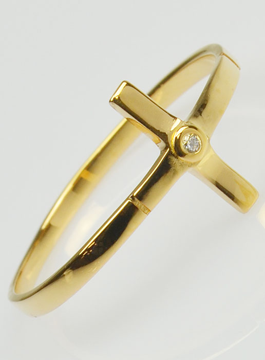 Bague Croix et 1 Diamant Strass - Plaqué Or - Taille 62 (pic 2)