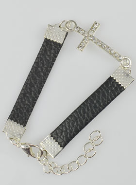 Bracelet Croix Mode Strass - Cuir et Argenté (pic 1)