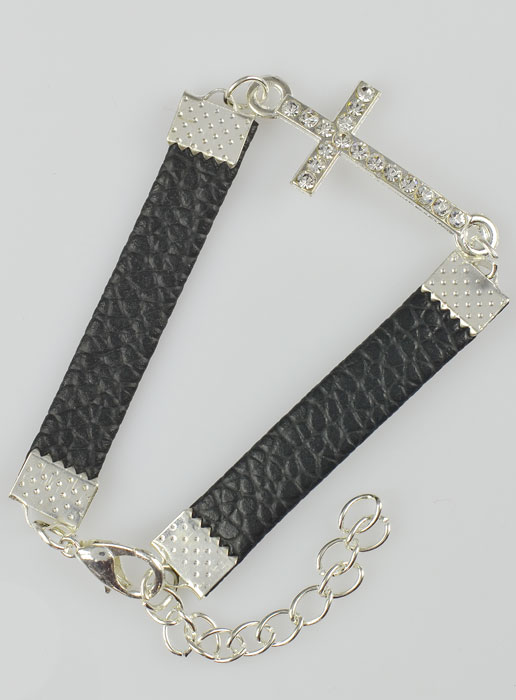 Bracelet Croix Mode Strass - Cuir et Argenté (pic 2)