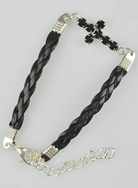 Bracelet Croix Mode Strass Noir - Cuir et Argenté (pic 1)