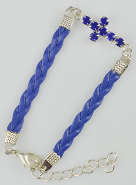 Bracelet Croix Mode Strass Bleu - Cuir et Argenté (pic 1)
