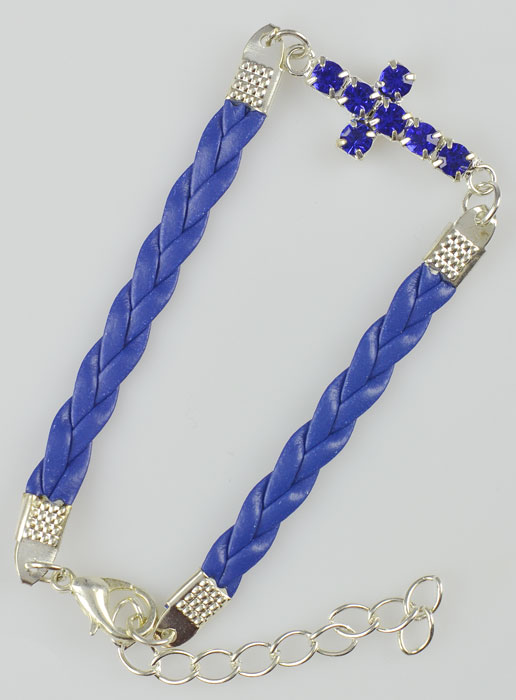 Bracelet Croix Mode Strass Bleu - Cuir et Argenté (pic 2)