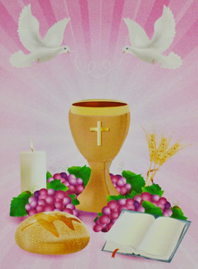 Carte de Communion - Calice Vin et Pain de Vie Rose (pic 1)