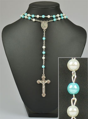 Chapelet Collier en Perles de Nacre Bleu et Blanc sur Chaîne (pic 1)