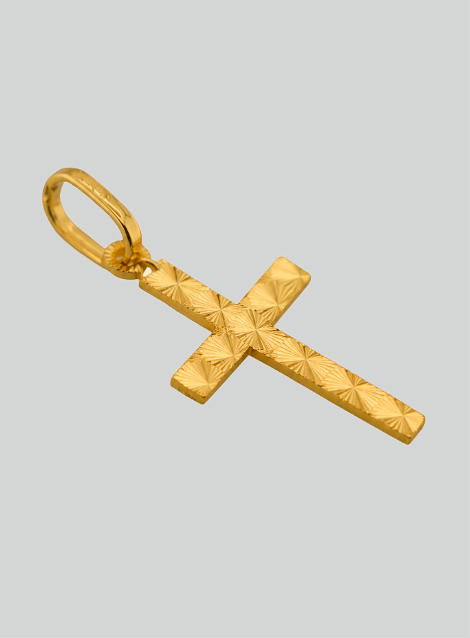 Pendentif Croix Striée et Diamantée en Or Jaune Massif (pic 2)