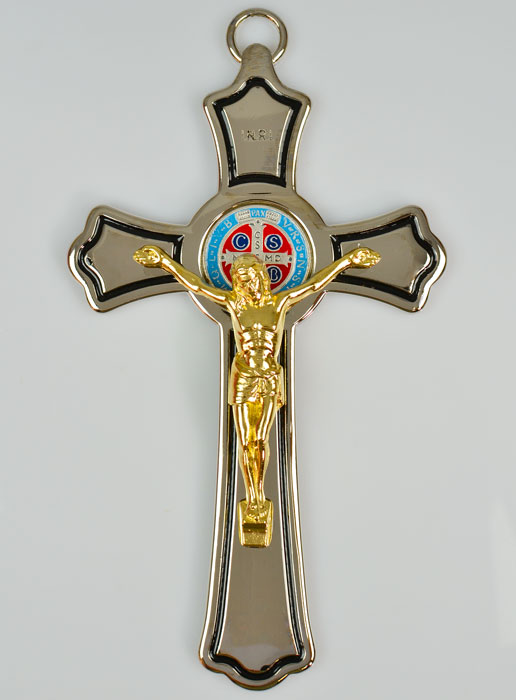 Croix de Saint Benoit en Métal Argenté et Médaille - 20 cm (pic 1)