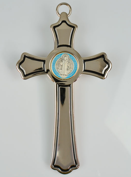 Croix de Saint Benoit en Métal Argenté et Médaille - 20 cm (pic 3)