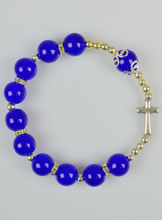 Bracelet Religieux - Croix et Perles Bleues 10mm (pic 2)