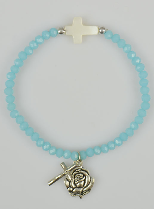 Bracelet Religieux en Perles Bleue et Croix Nacre (pic 2)