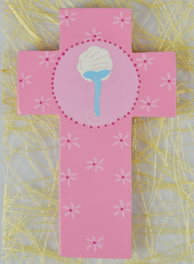 Croix Enfant en Bois Eau du Baptême - Rose - 12 cm (pic 1)