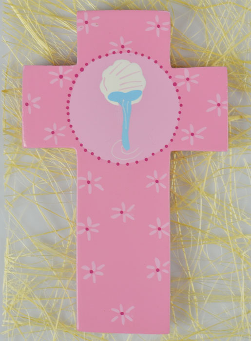Croix Enfant en Bois Eau du Baptême - Rose - 12 cm (pic 2)
