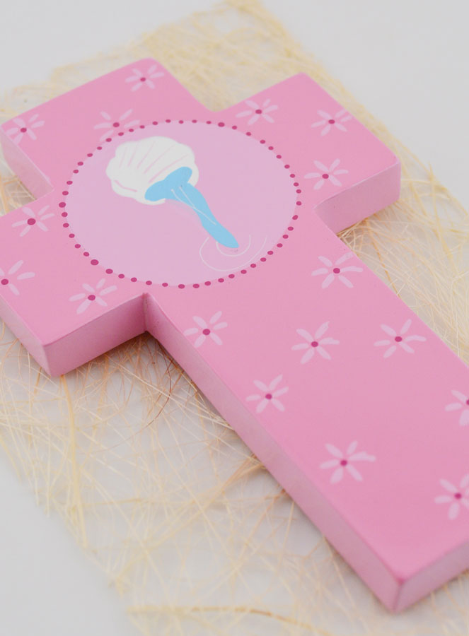 Croix Enfant en Bois Eau du Baptême - Rose - 12 cm (pic 3)