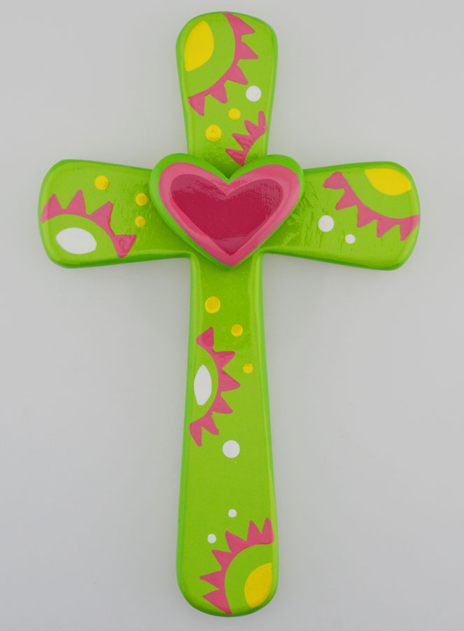 Croix Enfant Verte et Coeur Rose - 15cm (pic 1)
