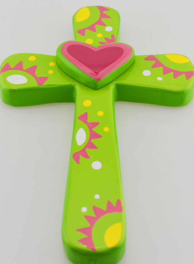 Croix Enfant Verte et Coeur Rose - 15cm (pic 2)