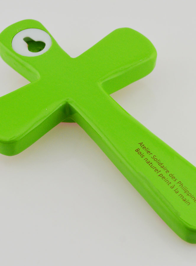 Croix Enfant Verte et Coeur Rose - 15cm (pic 4)