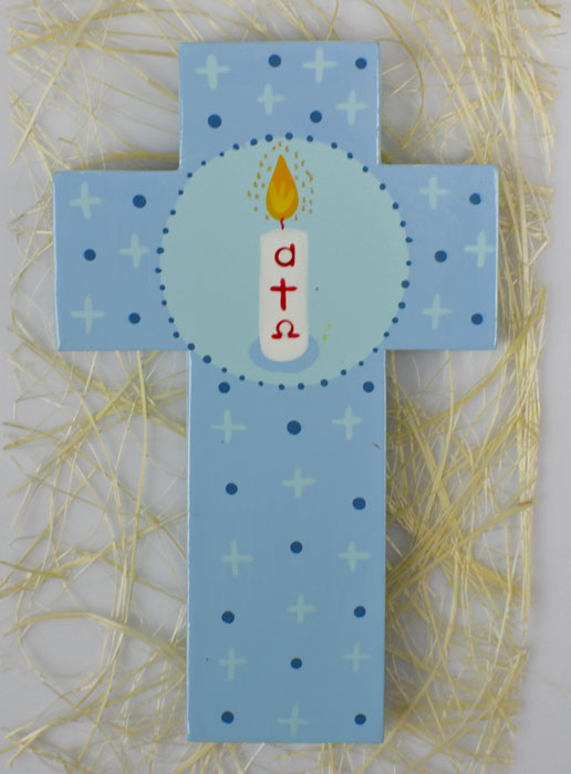 Croix en Bois Cierge Alpha & Oméga - Bleu (pic 2)