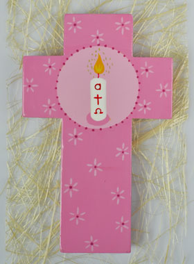 Croix en Bois Cierge Alpha & Oméga - Rose (pic 1)