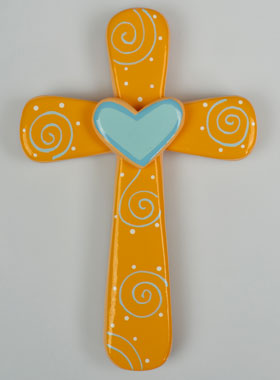 Croix en Bois Orange et Coeur Bleu (pic 1)