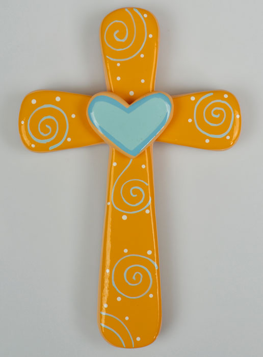Croix en Bois Orange et Coeur Bleu (pic 2)