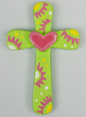 Croix en Bois - Verte - Coeur Rose (pic 1)
