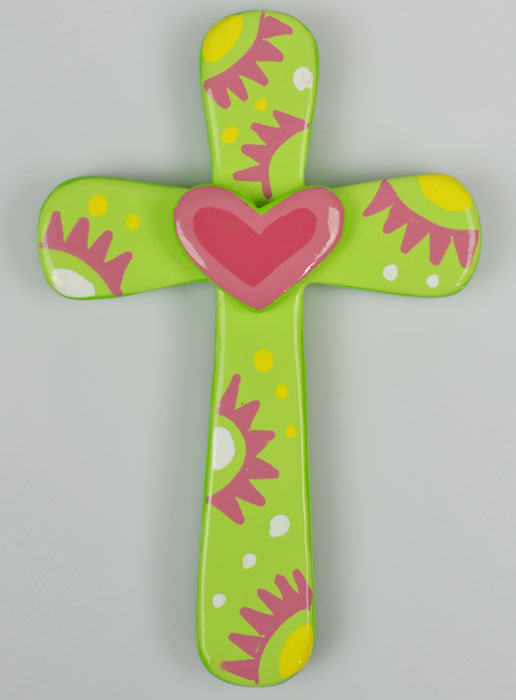 Croix en Bois - Verte - Coeur Rose (pic 2)