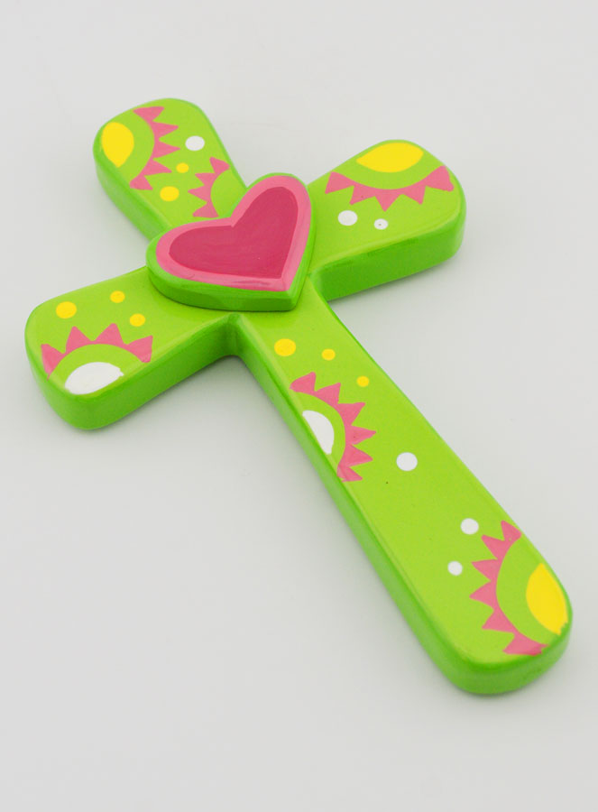 Croix en Bois - Verte - Coeur Rose (pic 3)