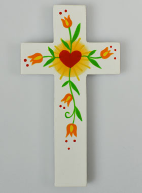 Croix en Bois - Coeur d'Amour & Fleurs Oranges (pic 1)