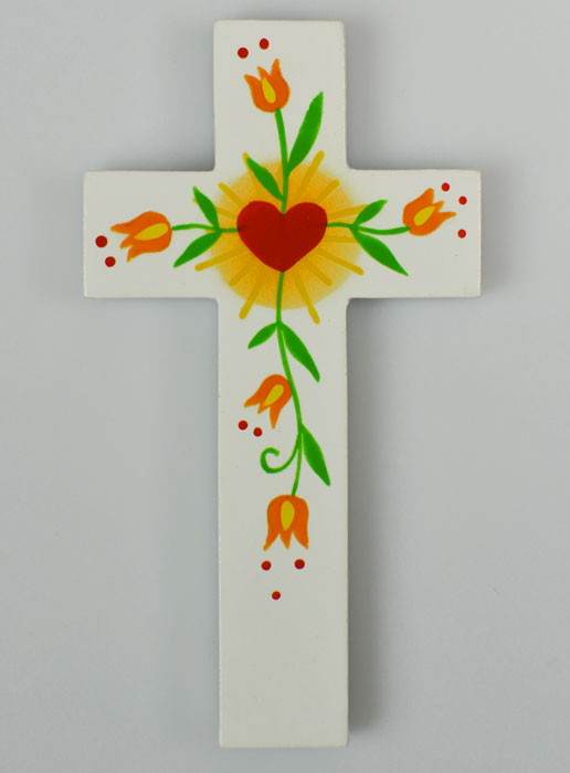 Croix en Bois - Coeur d'Amour & Fleurs Oranges (pic 2)