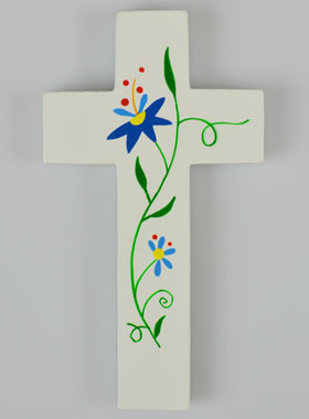 Croix Enfant en Bois - Fleurs Bleues (pic 1)