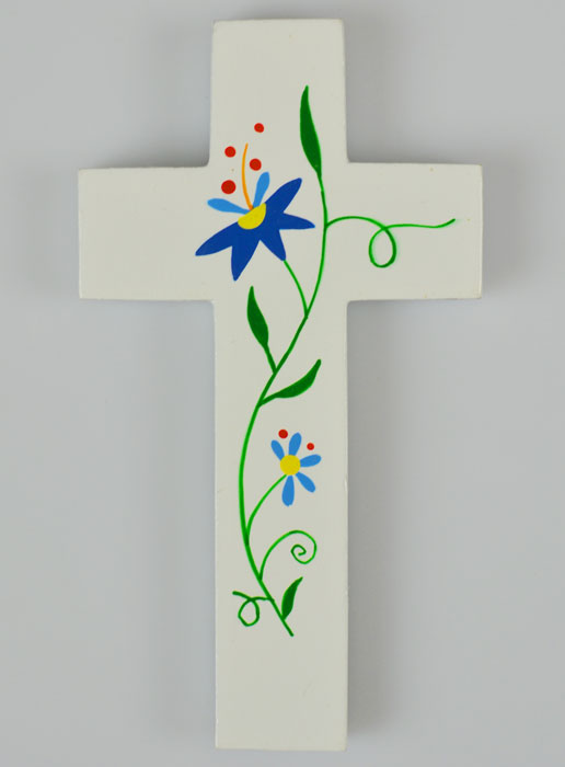 Croix Enfant en Bois - Fleurs Bleues (pic 2)