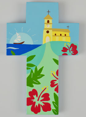 Croix Enfant en Bois - Église et Bateau à Voile (pic 1)