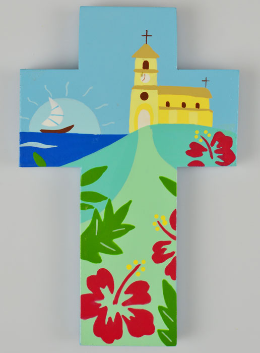 Croix Enfant en Bois - Église et Bateau à Voile (pic 2)