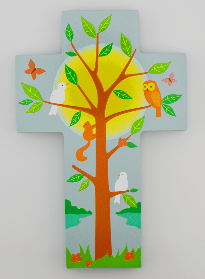 Croix Enfant en Bois - Arbre de Vie et Oiseaux (pic 1)