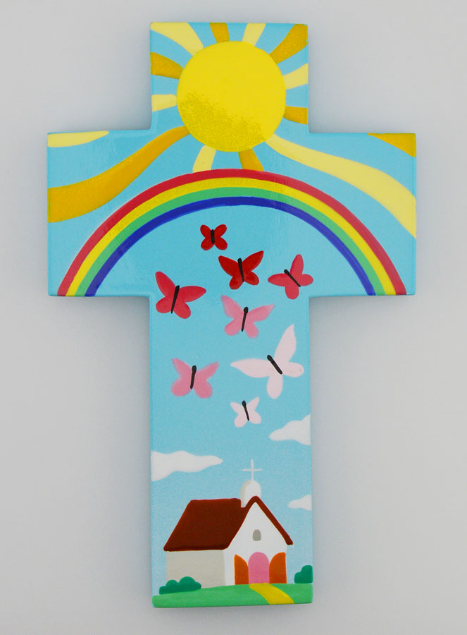 Croix Enfant en Bois - Église et Papillons (pic 1)