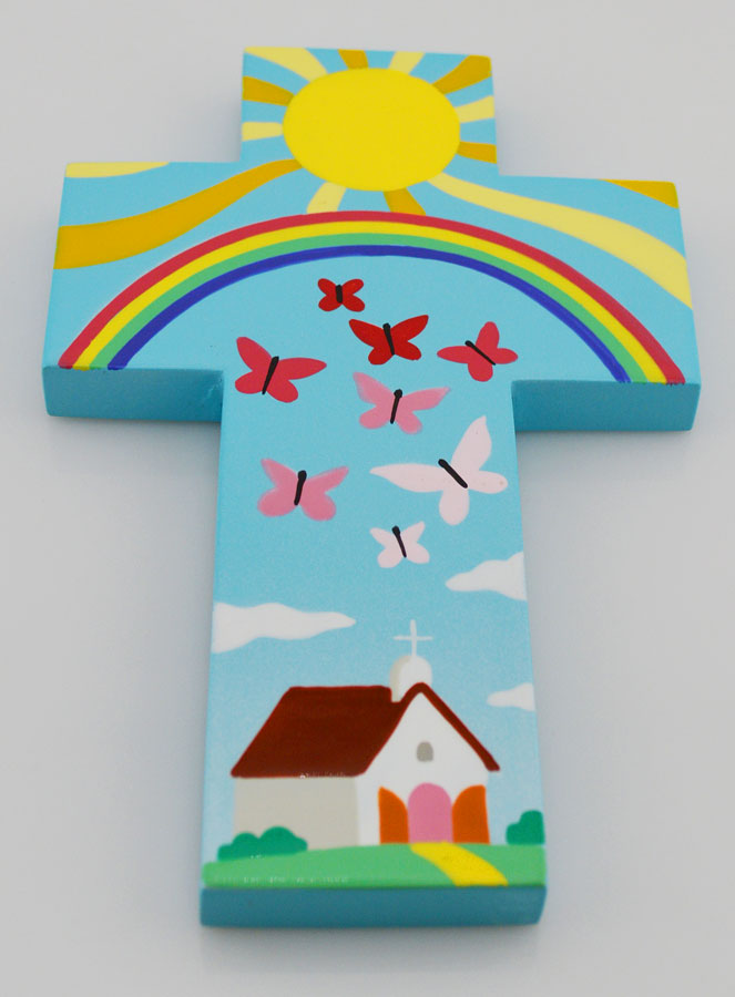 Croix Enfant en Bois - Église et Papillons (pic 2)