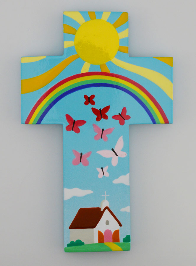 Croix Enfant en Bois - Église et Papillons d'Été (pic 1)