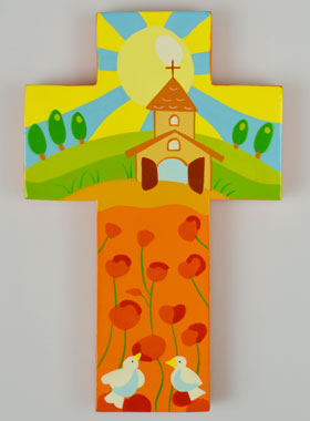 Croix Enfant en Bois - Église & Champ de Coquelicots (pic 1)