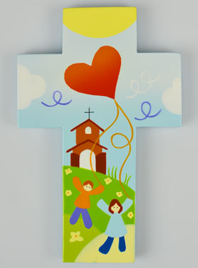 Croix Enfant en Bois - Église & Cerf-Volant Coeur (pic 1)